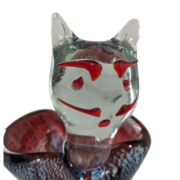 Art Glass Cat Figurine Footed Bowl Sculpture Red Blue Silver Metallic Unique - Picture 6 of 14
